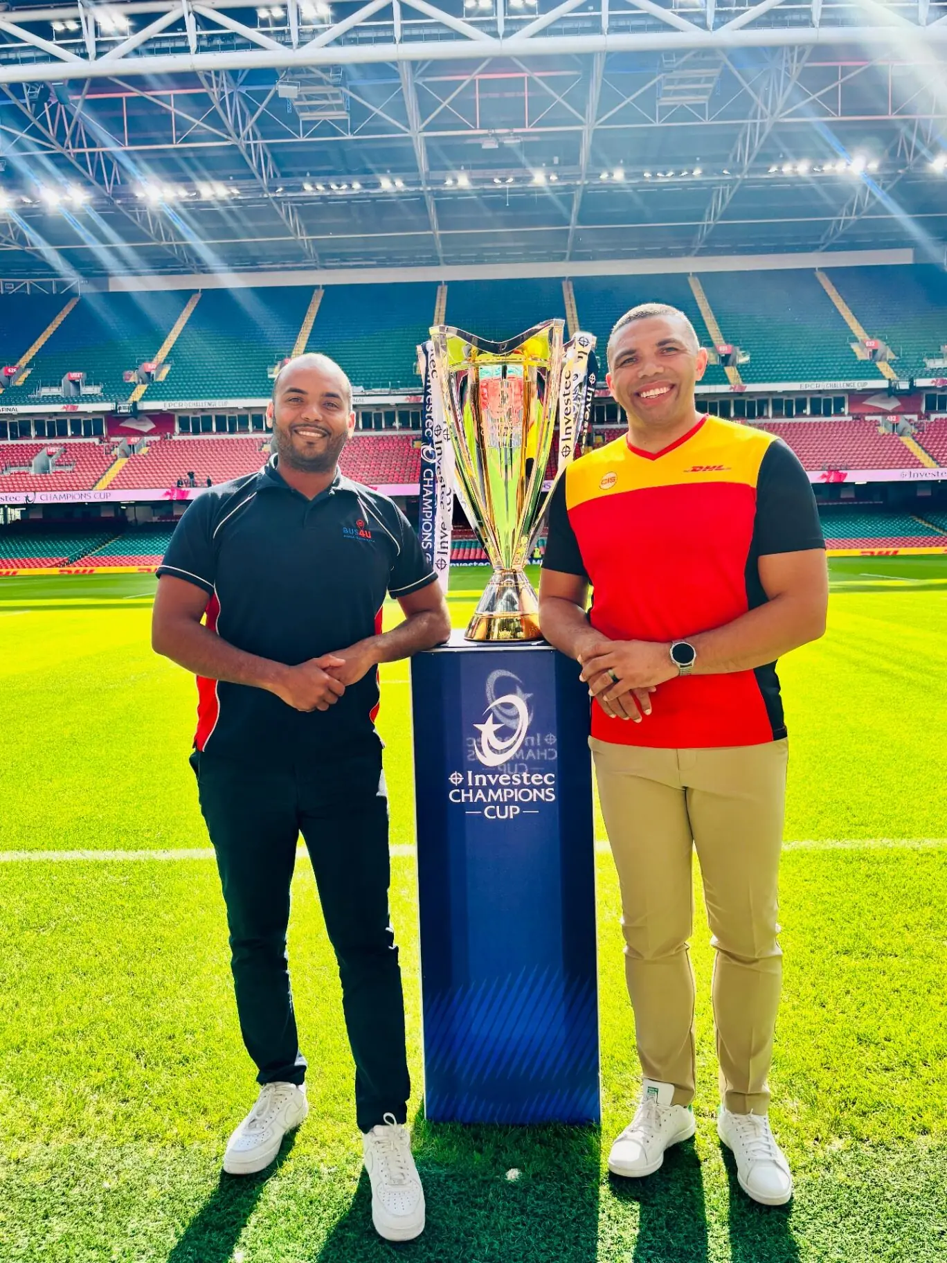 Mohamed Omar and Bryan Habana with Investec Champions Cup Trophy at Principality Stadium Cardiff